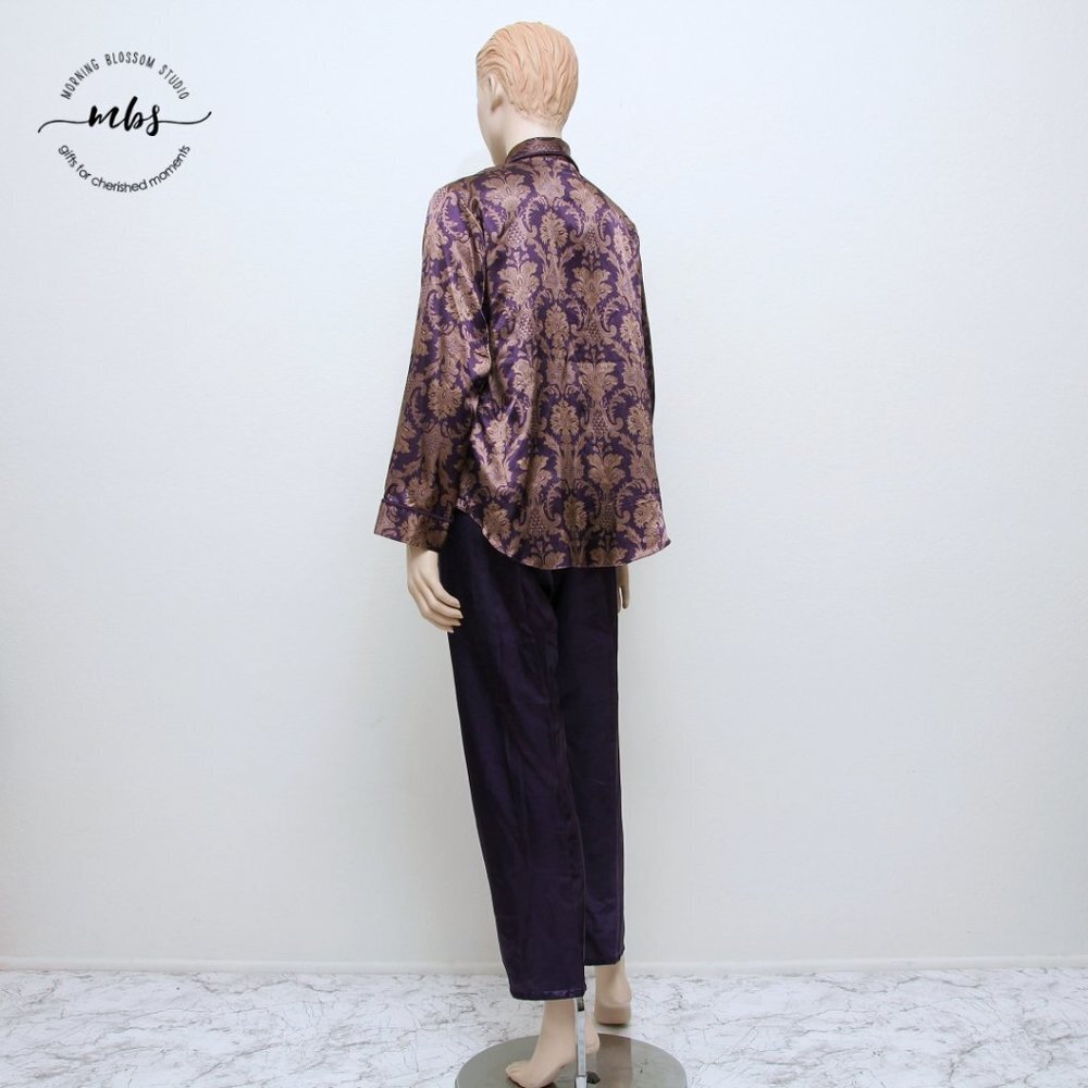 Design Studio Floral Brocade Pajama & Robe Set Tassel Tie Purple Golden Women S - Picture 5 of 16